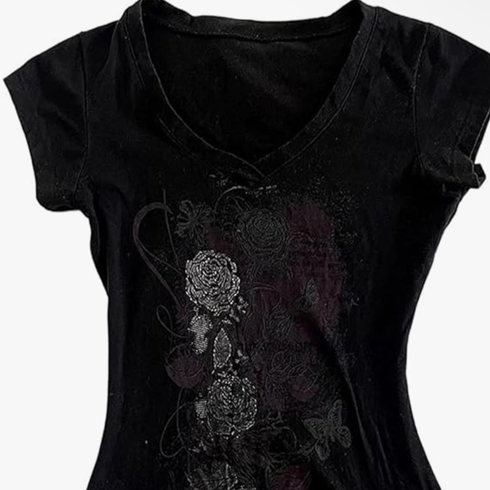 Black Grunge Floral V-Neck Women's Top